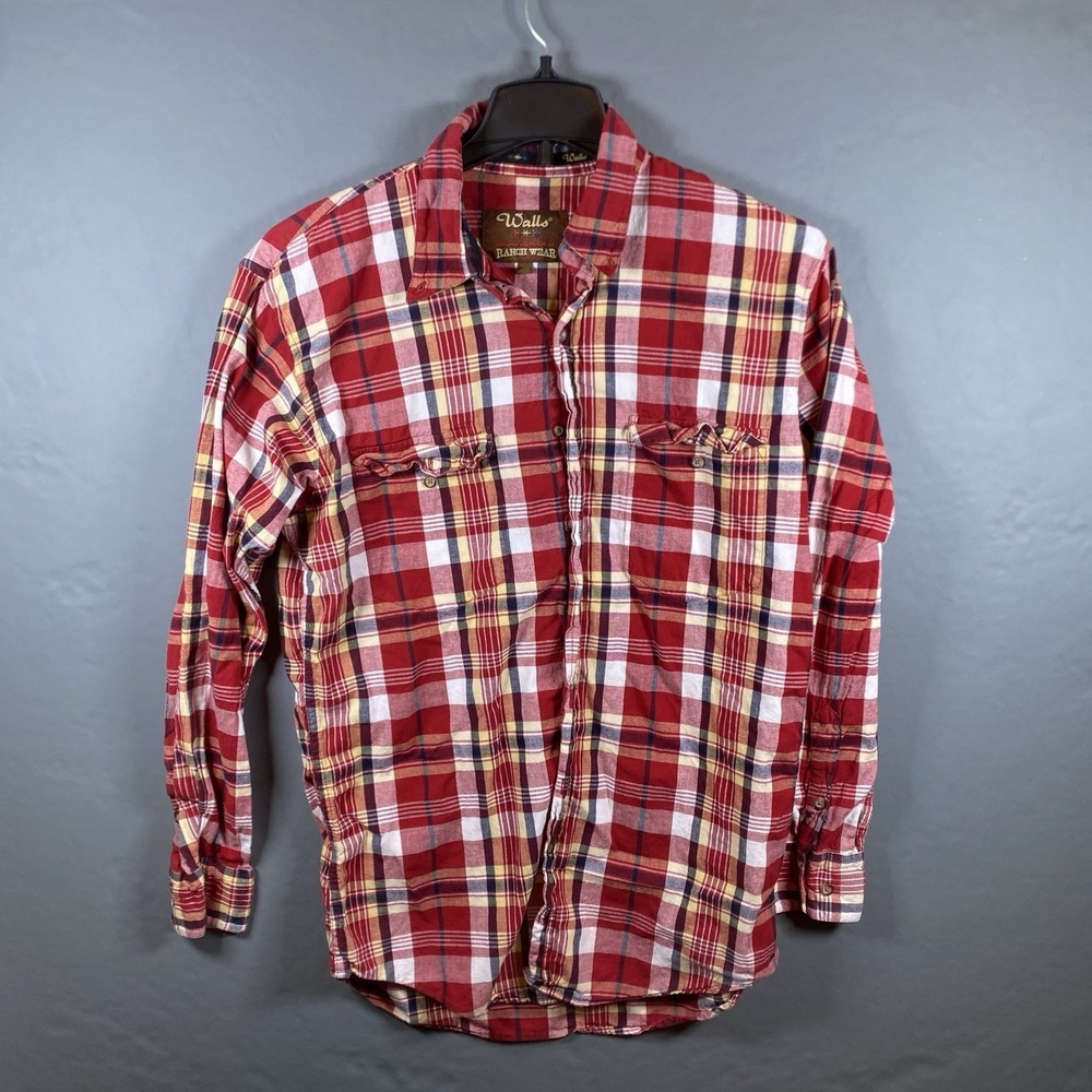 Walls Ranch Wear Mens Button Shirt‎ Sz M Plaid Western Pleated Back Long Sleeves